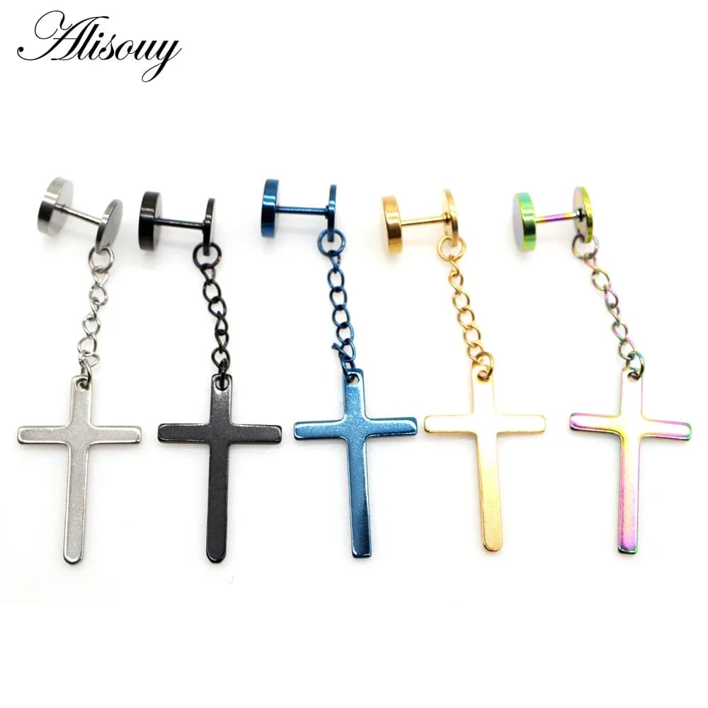2 pezzi punk gotico in acciaio inossidabile orecchino a bottone croce rotonda orecchio finto conico manubri moda donna uomo gioielli orecchio