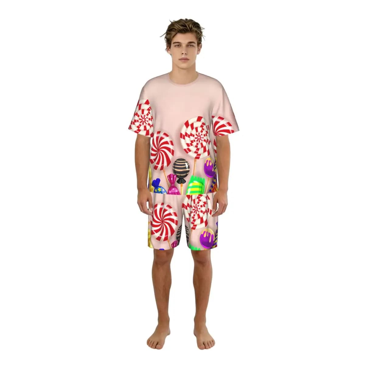 Pigiama casual da uomo, t-shirt a maniche corte, pantaloncini, caramelle colorate, lecca-lecca, vestiti per la casa, tuta da notte