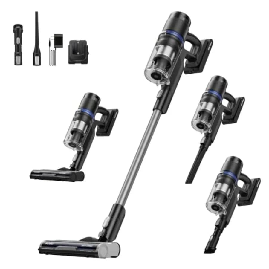 Cordless vacuum cleaner for home use, black ABS plastic, black color, anti-tangle brushroll and lightweight design for carpet a