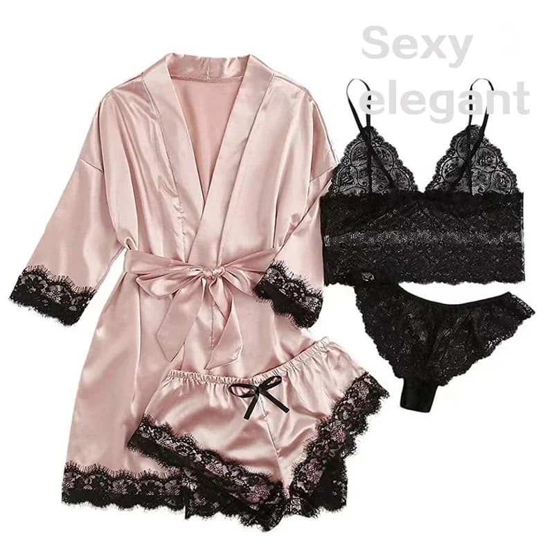 Set di 4 Pezzi Pigiama da Donna con Vestaglia, Lingerie Sexy in Pizzo, Accappatoio in Seta Satinata, Abbigliamento da Notte