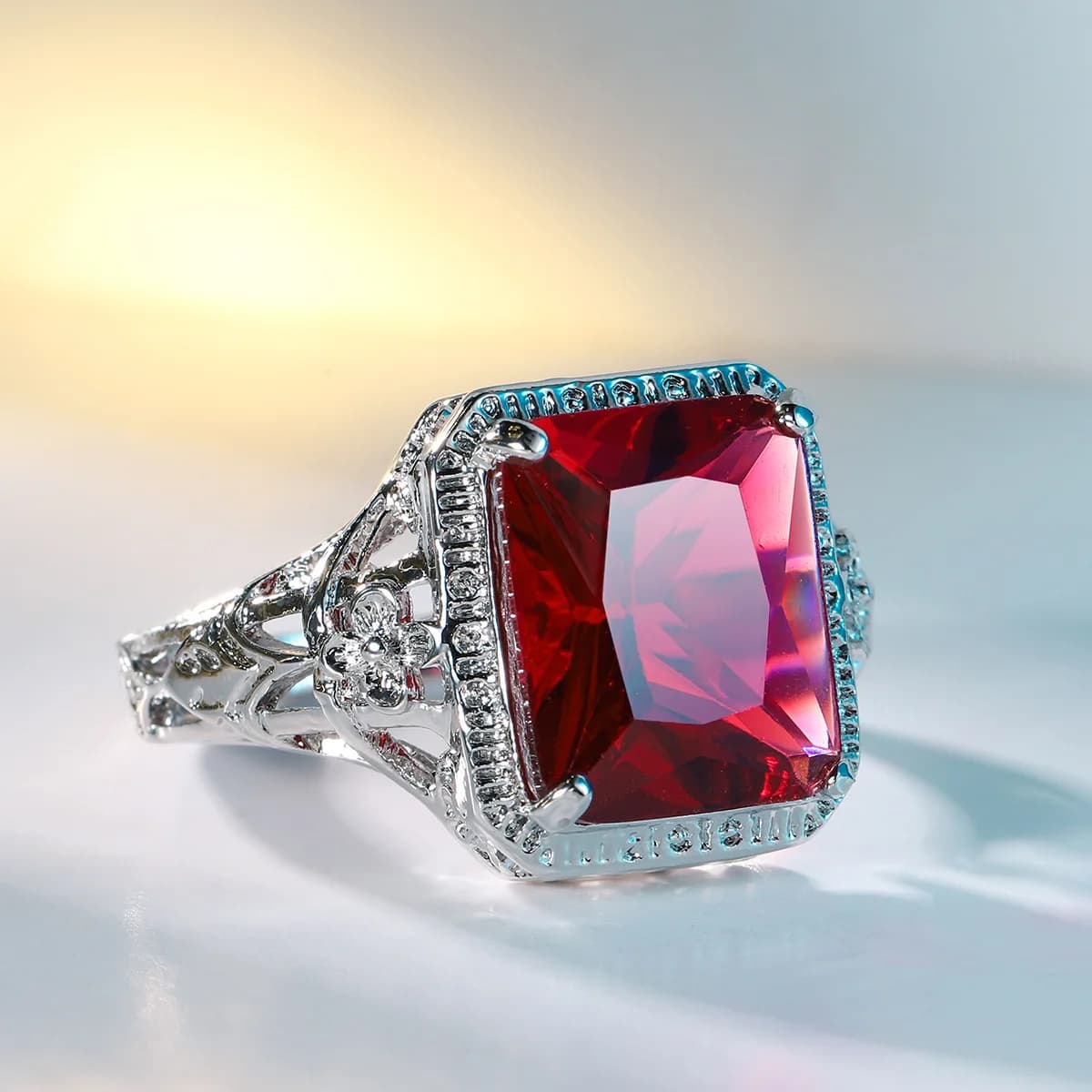 Hollowing Out Carving Flowers fedi nuziali per le donne 925 Stamp anello di fidanzamento da sposa rosso quadrato rubino elegante Bijoux di lusso