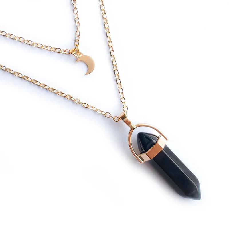 Collana da Donna con Ciondolo a Prisma Esagonale a Forma di Luna, Collana in Vetro a Sei Prismi, Collana alla Moda a Doppio Strato con Ciondolo a Mezzaluna
