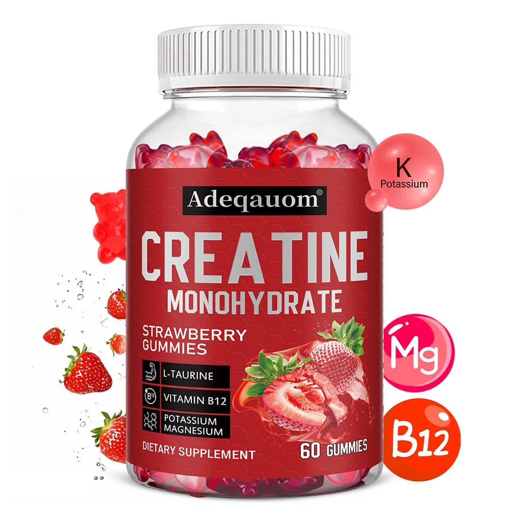 Creatina Monoidrato in Gommose per Uomini e Donne, con Vitamina B12, per Forza Muscolare, Costruzione Muscolare, Aumento di Energia, Vegano, Non-OGM