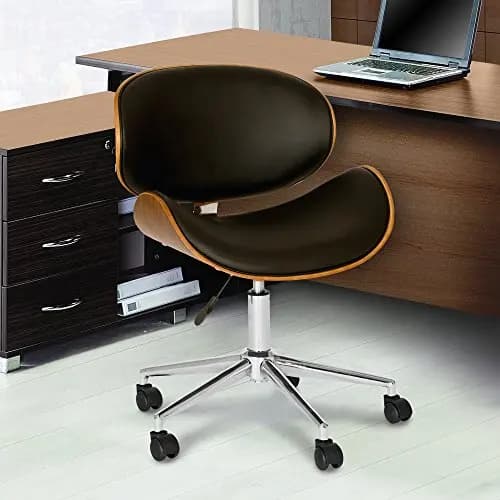 Black Faux Leather Office Chair With Walnut Trim Chrome Five-Leg Swivel Base Height Adjustable