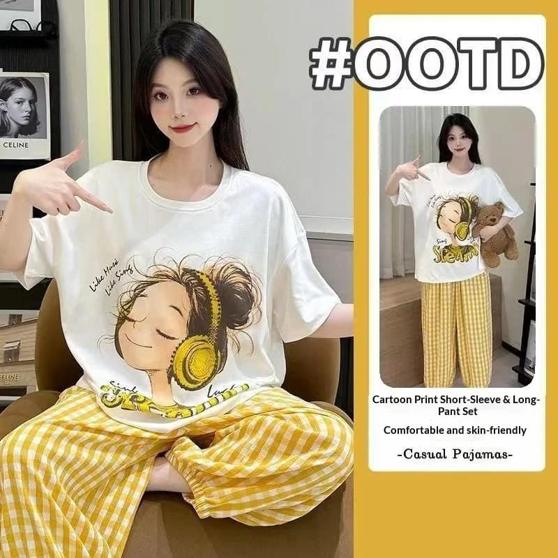 Women's Short Sleeved Long Pants Home Suit Summer New Cute Girl Cartoon Pullover Loose Lazy Style Home Suit Two-Piece Set