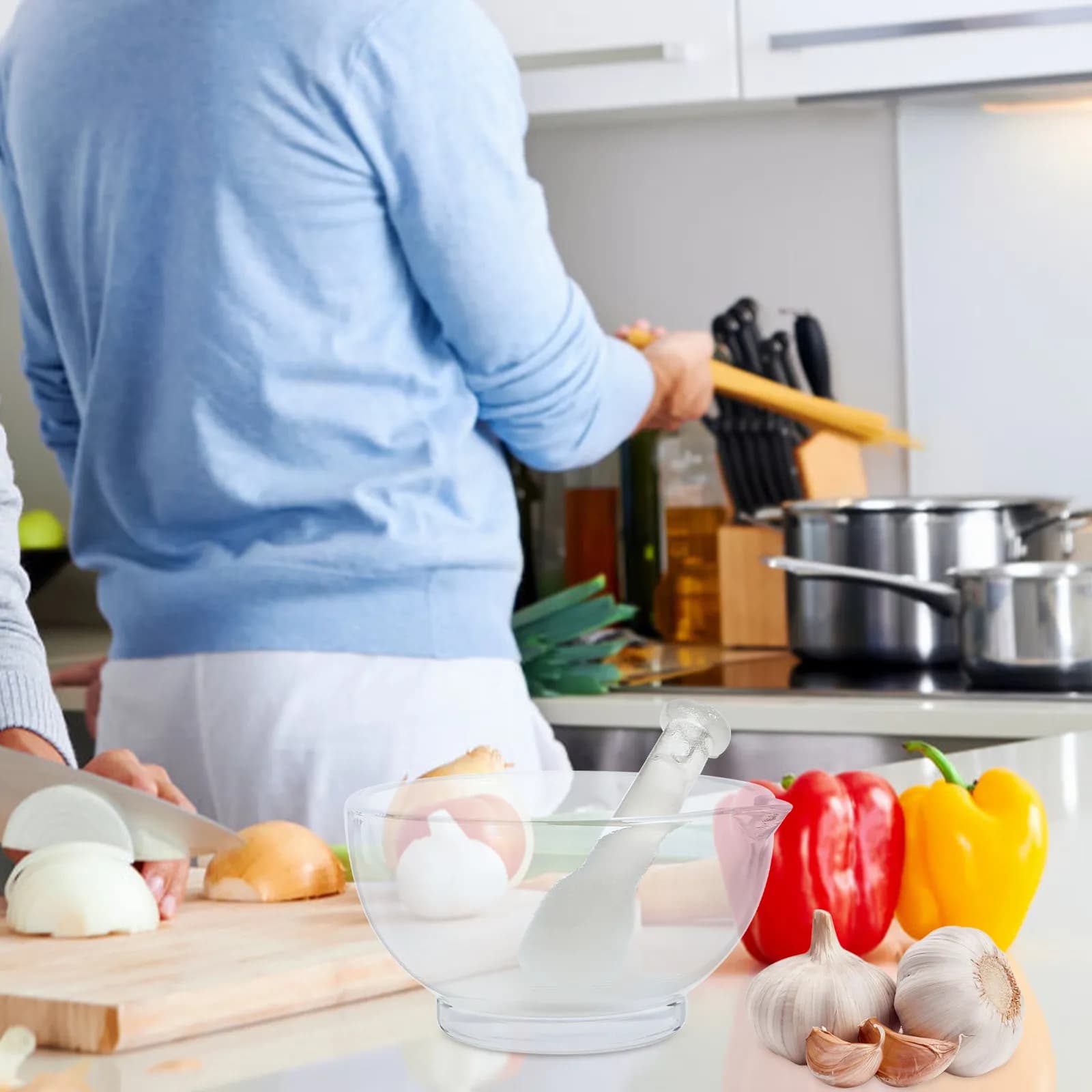 Set di Mortaio e Pestello in Vetro per Aglio, Design Moderno, Ciotola con Piedistallo, Macinino per Spezie per Casa e Ristorante, Utensili da Cucina