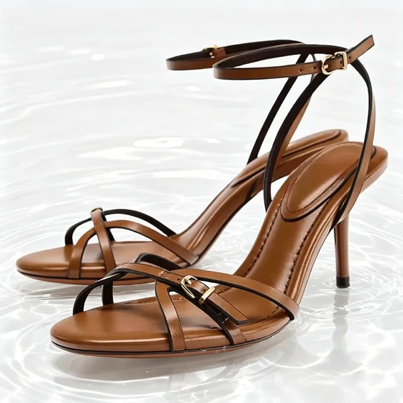Brown Narrow Band Heeled Sandals Women Novelty Buckle Detail Gladiator Sandals Elegant Round-toe Ankle Strap Stiletto Dress Shoe
