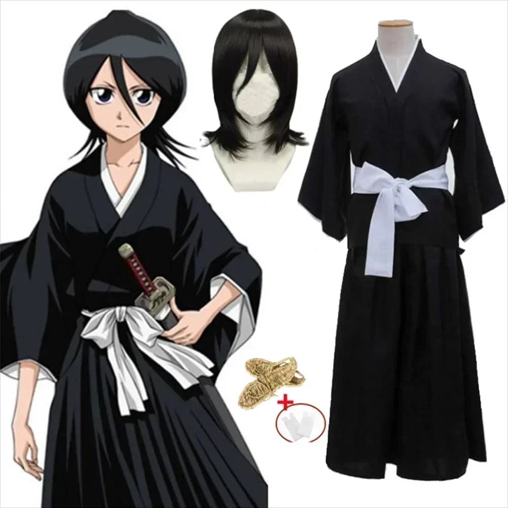 2026 Bleekmiddel Kuchiki Rukia Shinigami Cosplay Kostuum Pruik Schoenen Set Halloween Voor Vrouw Mannen Kleding