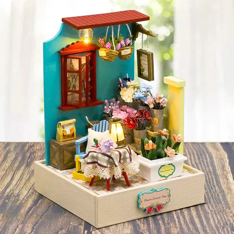 OUZEY Kit Mini Casa delle Bambole in Legno Fai-da-Te con Accessori e Mobili, Scatola Decorativa Floreale, Giocattoli per Bambini, Regalo di Compleanno