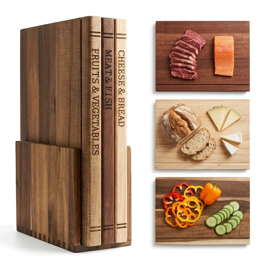 Wooden Cutting Boards for Kitchen, 3pcs Acacia Wood Cutting Board Set with Stand, Cutting Board That Looks Like Books for Vegetables, Cheese, Bread & Meat, Decorative Chopping Board Gift Set