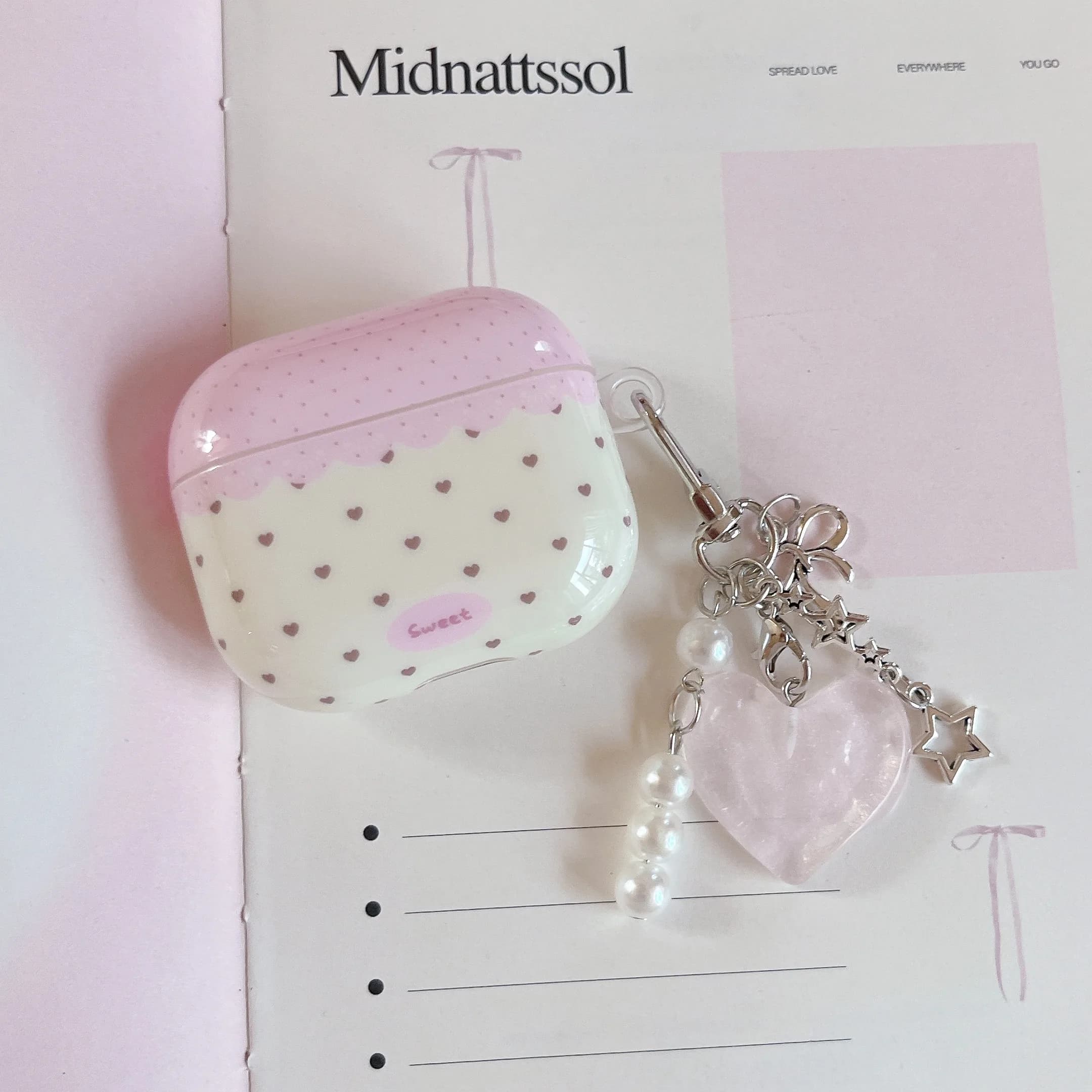 Custodia Protettiva per Auricolari AirPods 1 2 3 4 Pro Pro2 Pro3 con Ciondolo a Cuore Rosa Carino a Pois e Bordo in Pizzo