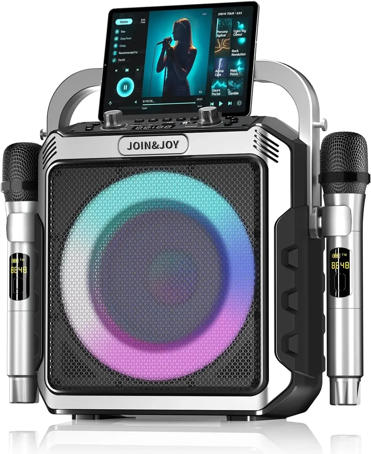 Macchina per Karaoke Portatile, con Microfoni Wireless, Altoparlante Bluetooth per Feste con Luci LED, Subwoofer Potente, USB/AUX, per Esterni