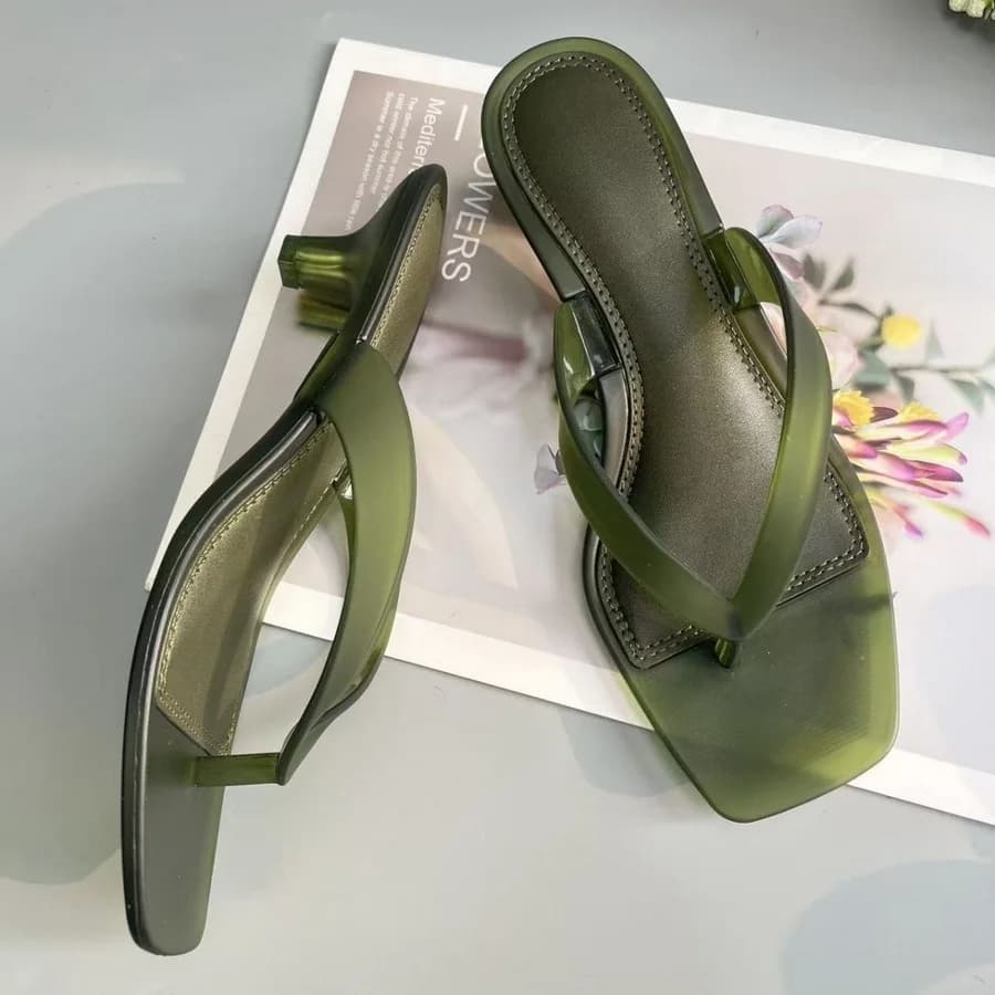 Korean Muted Tone Olive Green PVC Thong Sandals Women Clear Slim Kitten Heel Square Toe Backless Shoes Green Casual Flip Flops