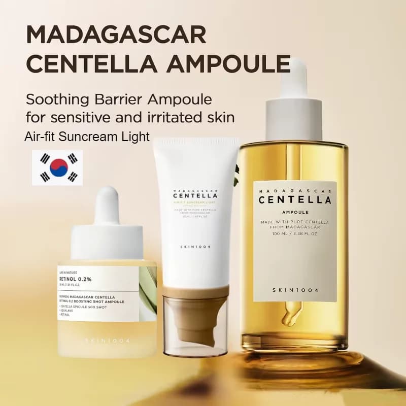 Korean Leather Care Products Set: Centella Boosting Shot Ampoules and Retinol 0.2, Light Solar Air-fit Cream, Anti-Age Serum for Face