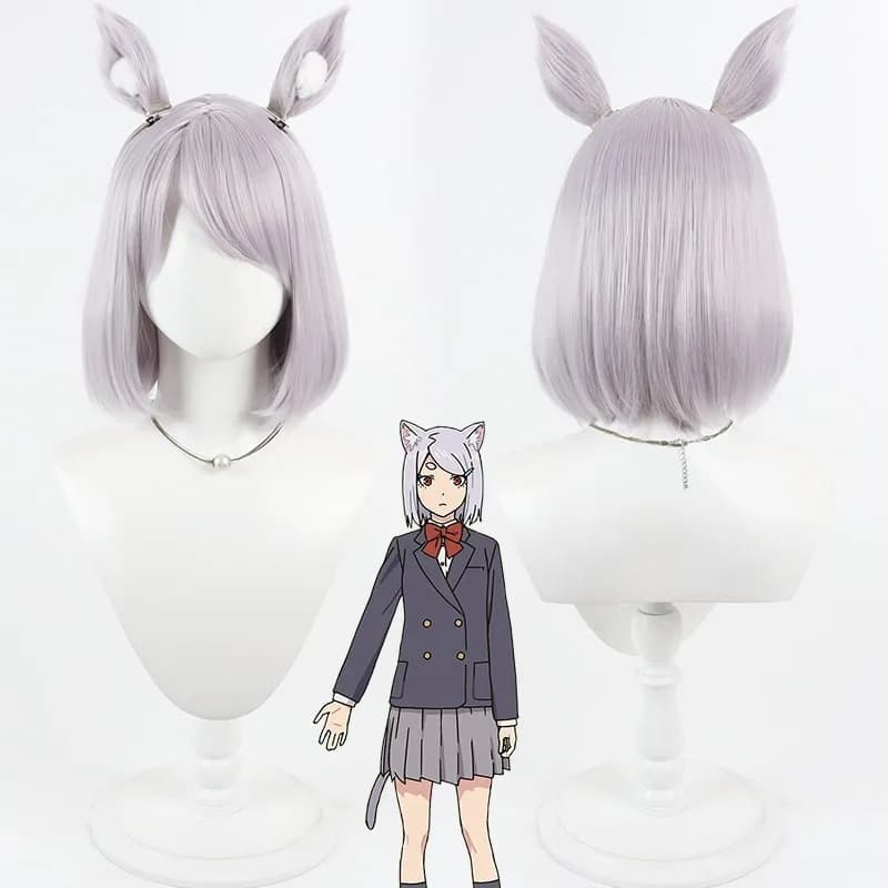 Anime Chainsmoker Cat Imoko Sato Cosplay Wig Short Purple Bob Hair Wigs for Halloween Party Ear Hair Clips Tail Prop Yaniko Sato