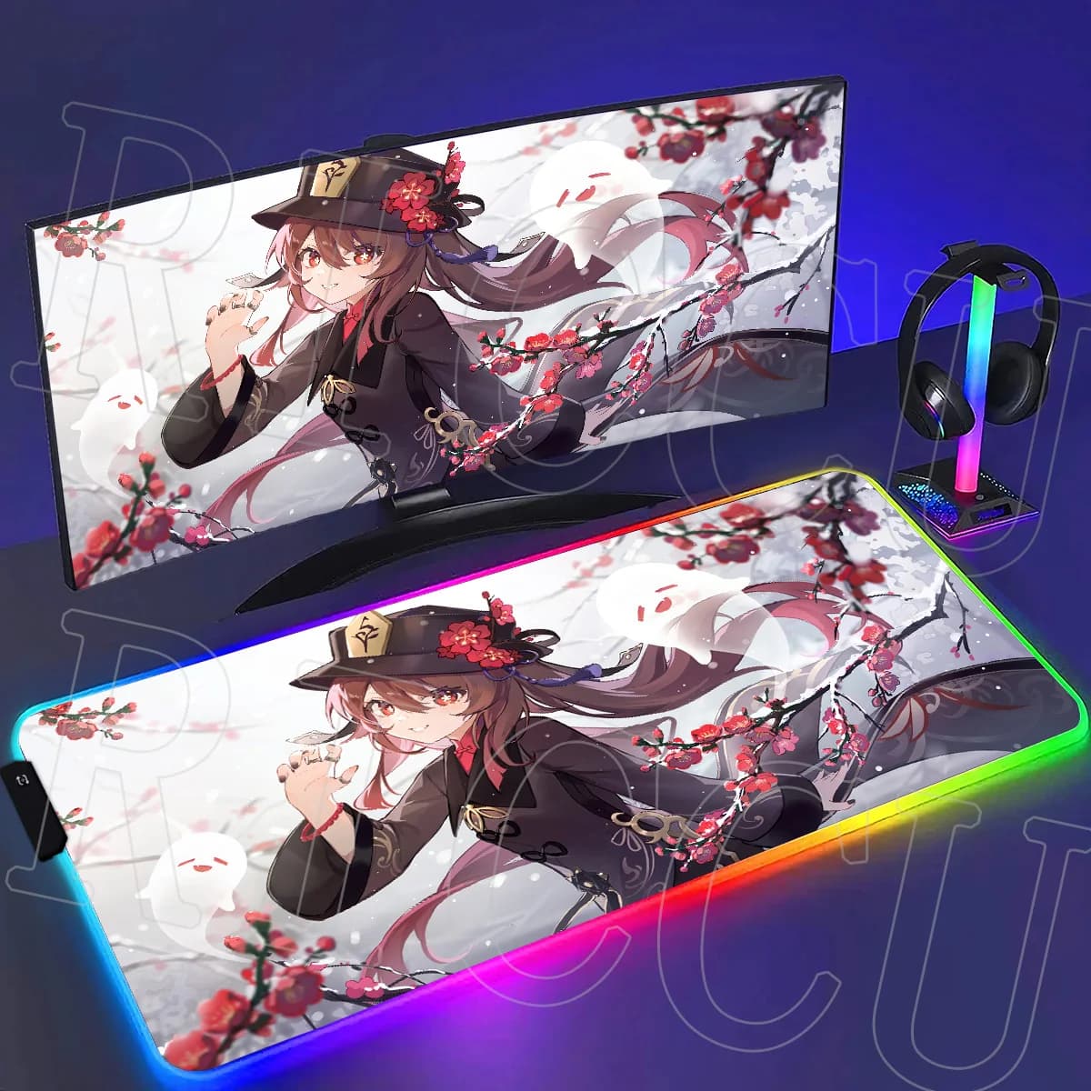 Tappetino Mouse XXL RGB Anime Hu Tao HD in Gomma per Gaming Genshin Impact, Tappetino per Tastiera, Tappetino da Scrivania LED per Computer PC Laptop