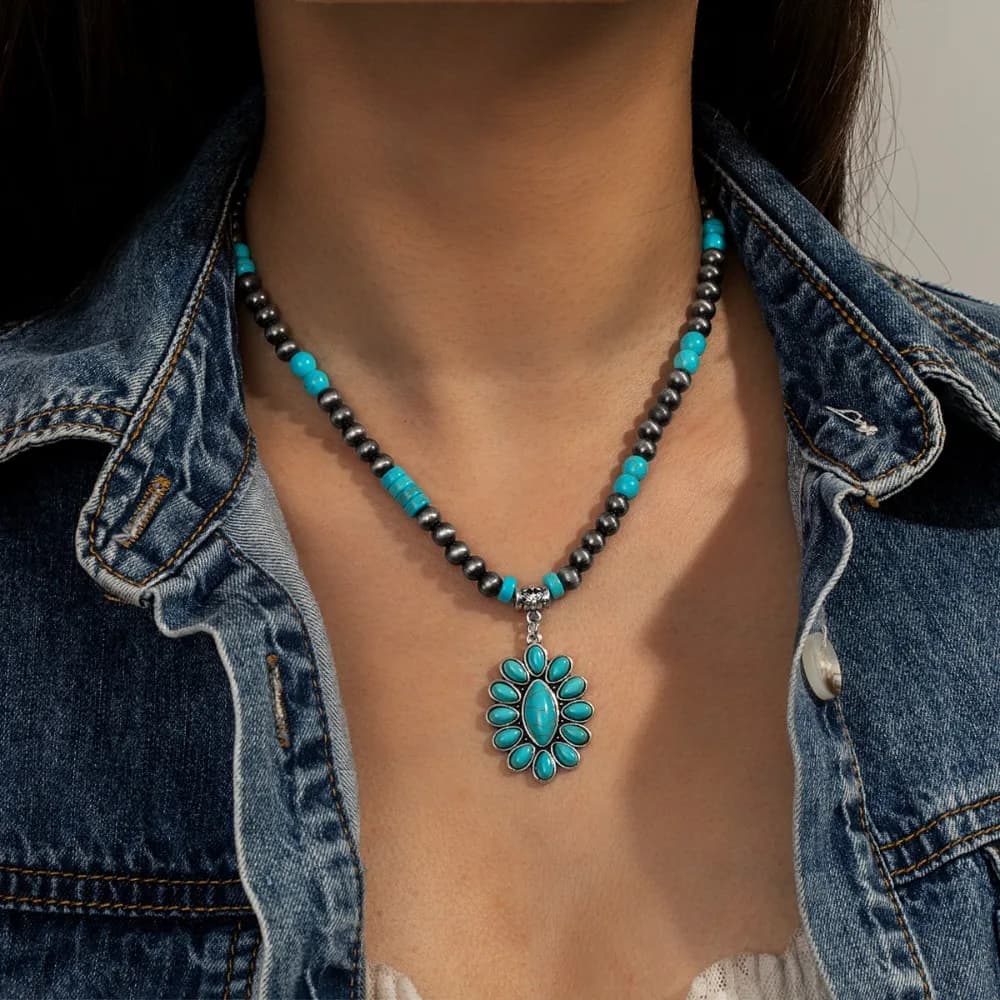 Retro Ethnic Style Multi Style Teardrop Cowboy Boots Rectangle Cross Floral Turquoise Beaded Necklace for Women Party Jewelry