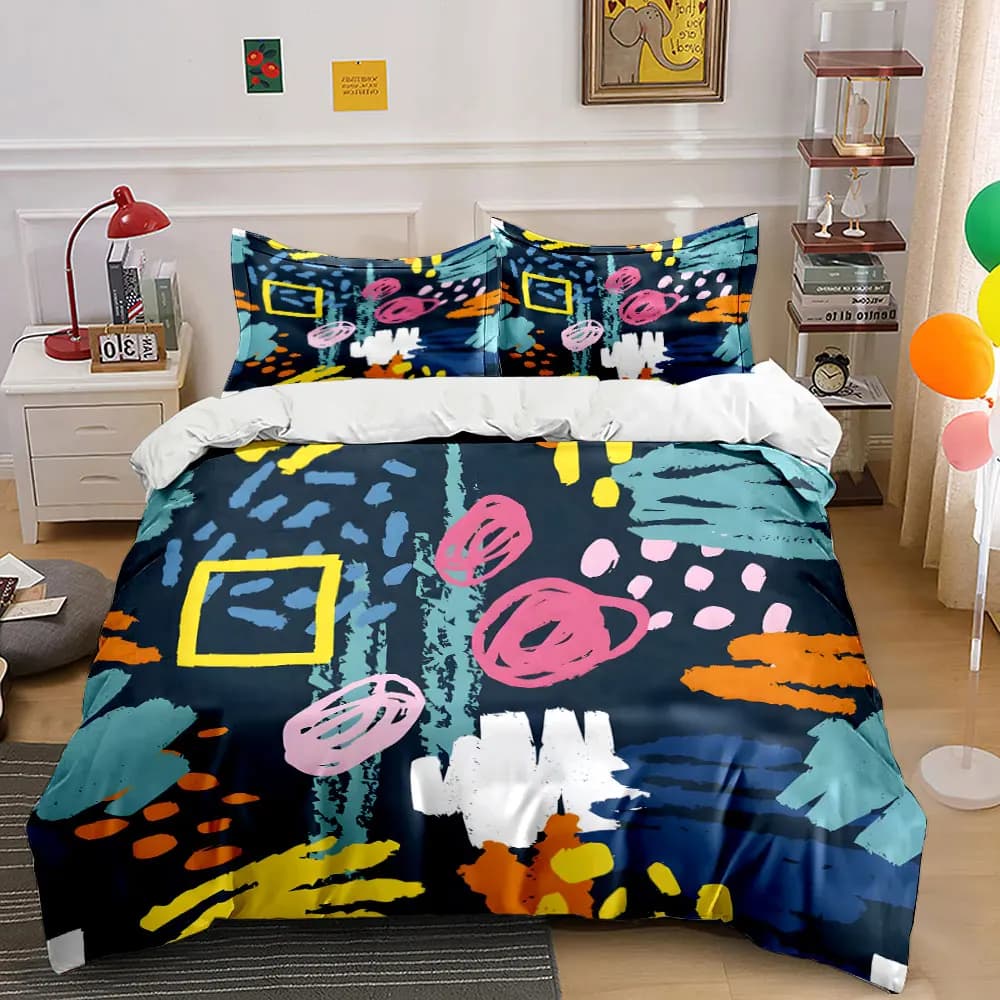 Opera d'arte astratta in stile graffiti colorato, stampa in stile graffiti, set di biancheria da letto con copripiumino morbido e confortevole, include 1 copripiumino e 2 federe.