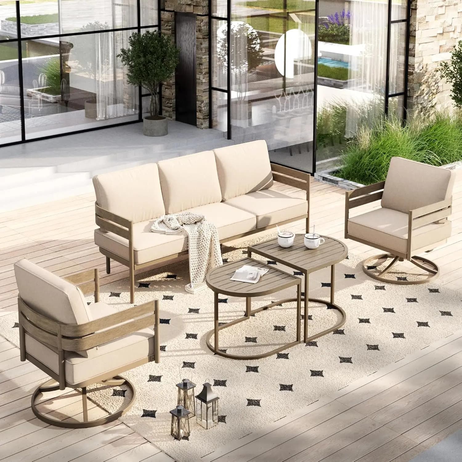 Patio Set with 3 Seat Sofa, 2 Seats Swivel and Enchanted Table, Bearings for All Seasons, Customizable