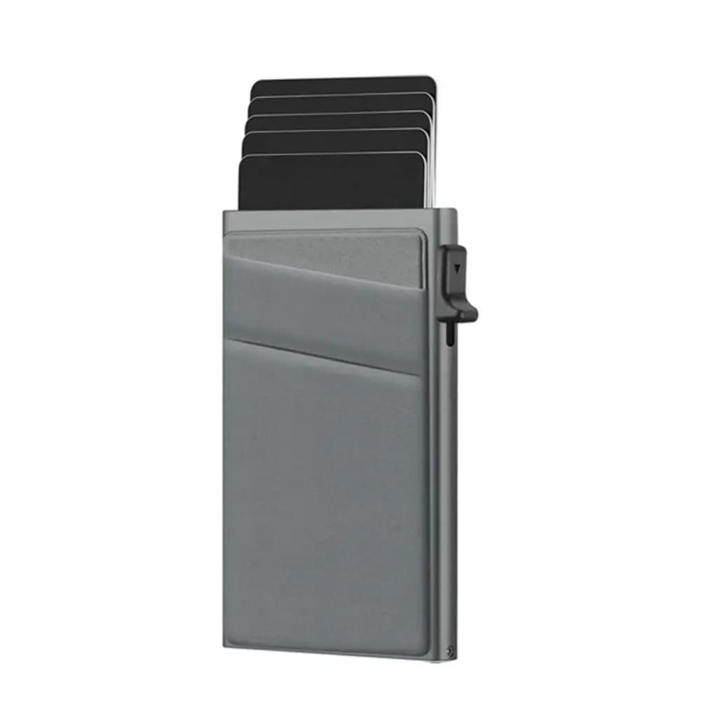 Portacarte Automatico RFID Antifurto con Design a Sgancio Laterale e Rinforzo a Vite, Scatola Portacarte da Uomo in Metallo con Blocco RFID sul Fondo