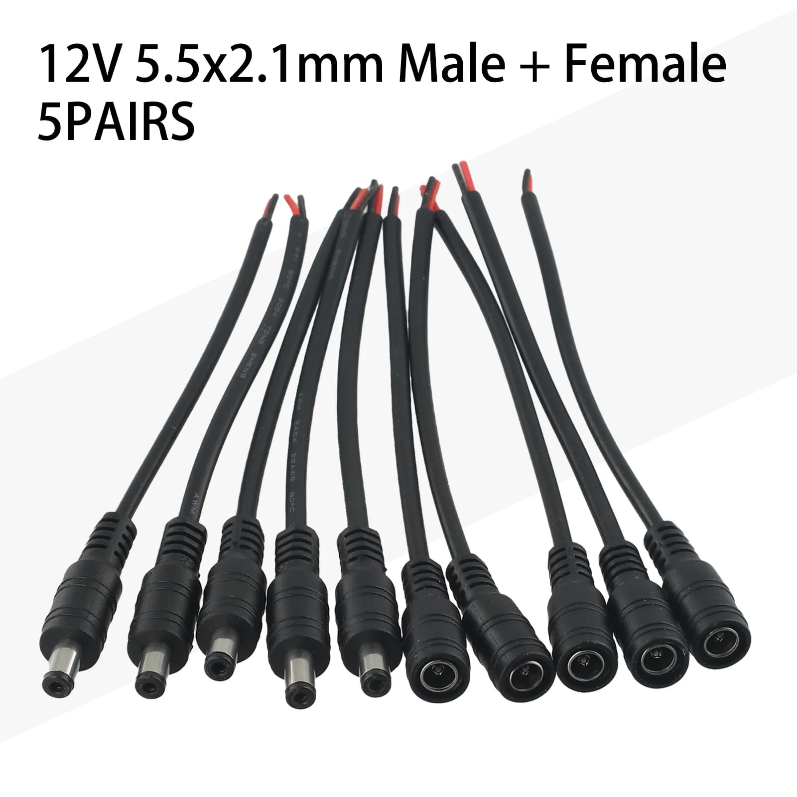 5.5x2.1mm DC Male And Female Power Cord Connector Set 5 Pairs For LED Strip Light For CCTV Security Camera Power Wiring
