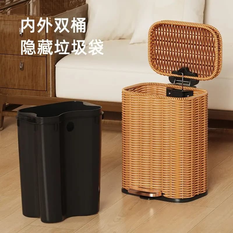 Rattan Woven Waste Bin With Lid, Dual Inner Outer Bucket Pedal Trash Can, Hidden Garbage Bag Design, Rectangular Household Waste