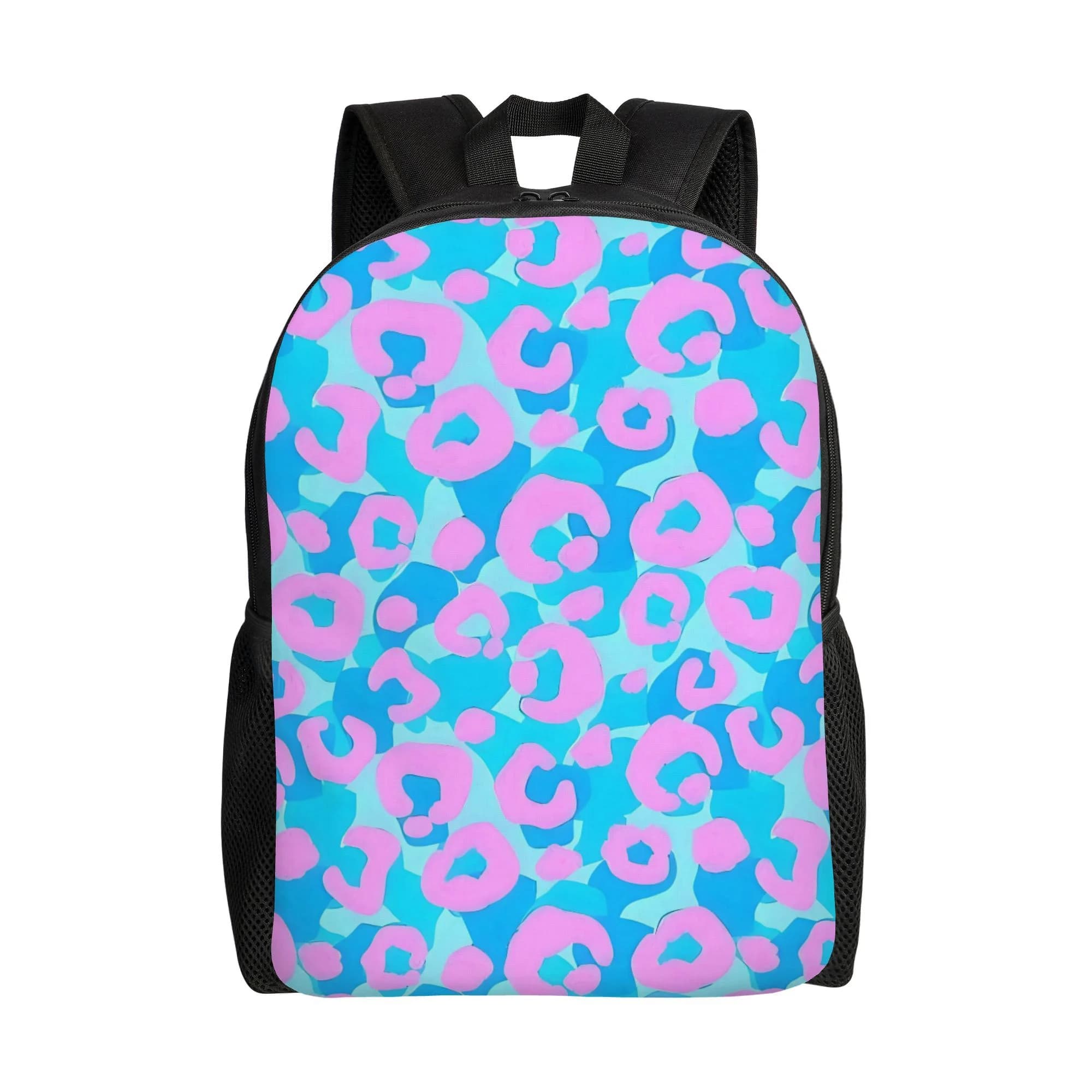 Fashionable men's backpack with blue turquoise and pink leopard print - single layer school backpack with reinforced black shoulder straps
