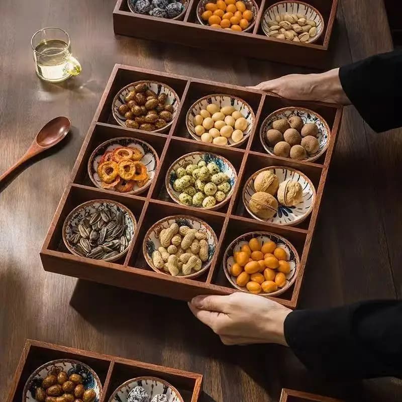 Vassoio Vintage a Nove Scomparti per Cucina Domestica, Hot Pot, Barbecue, Contorni, Vassoio in Legno, Piatto Diviso per Snack e Frutta Secca