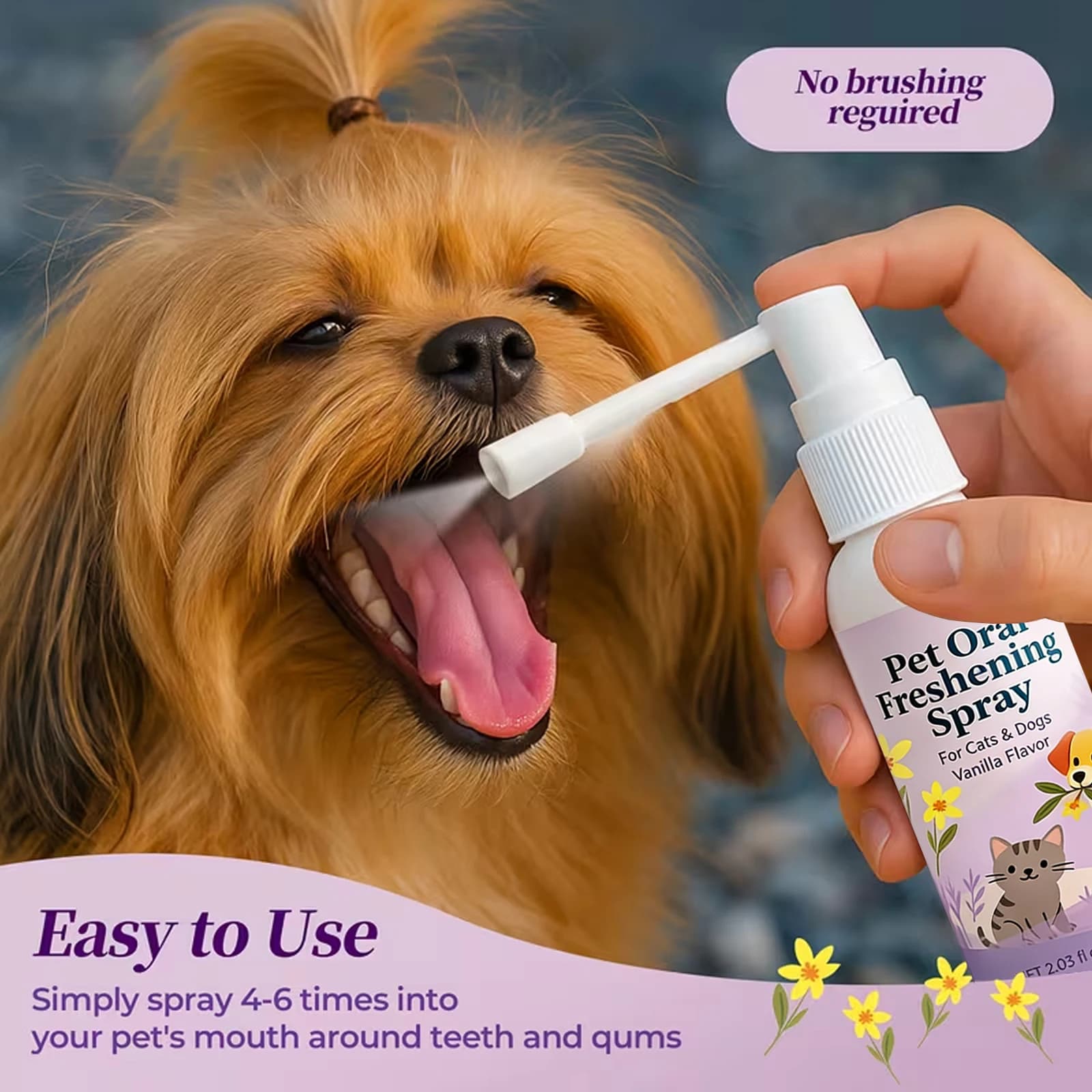 Spray Rinfrescante Orale per Animali Domestici 60 ml - Gusto Vaniglia, Deodorante per l'Alito di Cani e Gatti, per Alito Cattivo, Cura Dentale e Salute delle Gengive