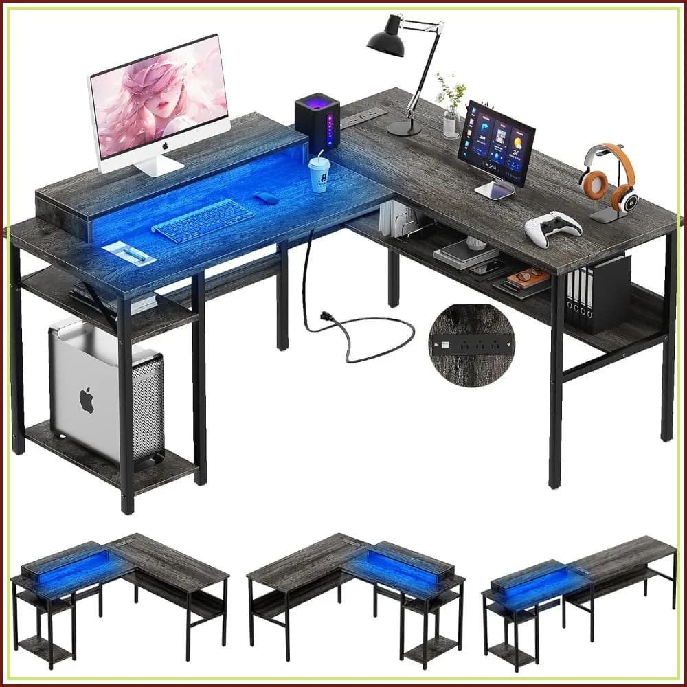 Reversible L Shaped Desk with Power Outlets and RGB LED, Ergonomic Monitor Stand, Corner Desk for Home Office, Easy Assembly, Black Oak
