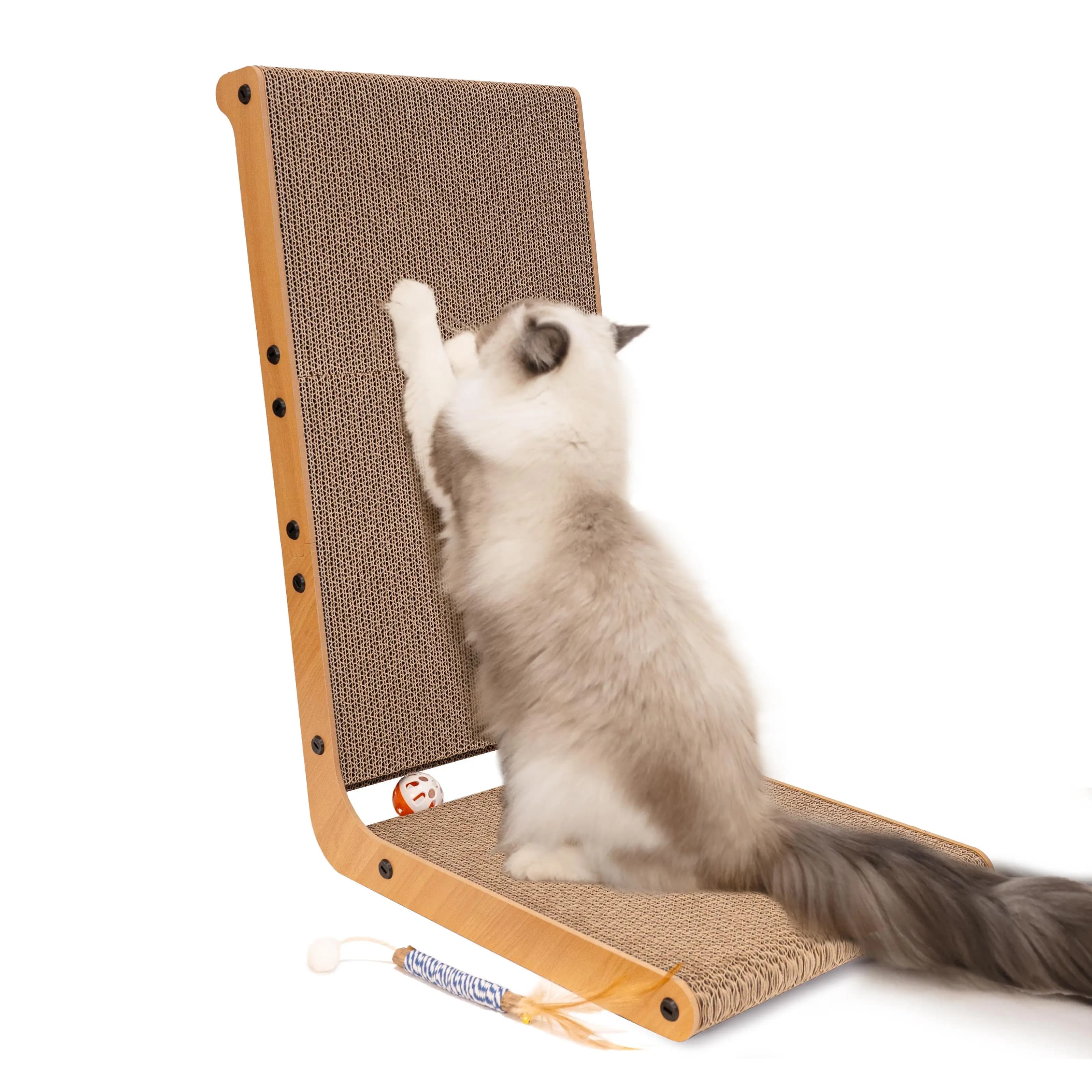L-Shaped Cat Scratcher Vertical Scratching Board with Interactive Ball Toy Light Wood Wall-Mounted Cat Scratch Ramp Pad for Indoor Cats Kittens Sturdy Home Furniture Protector Pet Accessories 12.6x23.6 Inch