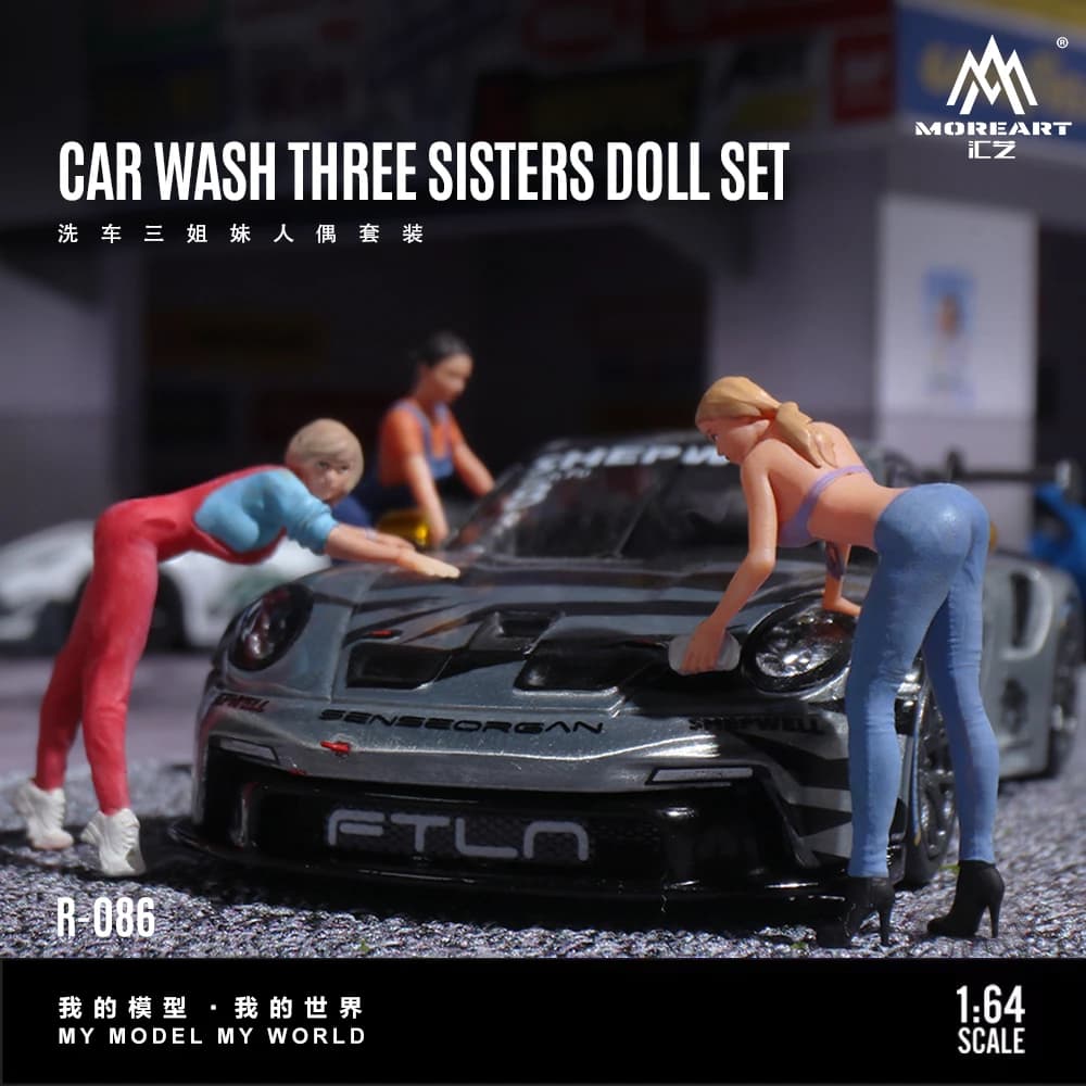 *Preordine* Set di Statuette in Resina More Art 1:64 Tre Sorelle che Lavano l'Auto, Modellino Decorativo per Regalo, Esposizione e Collezione
