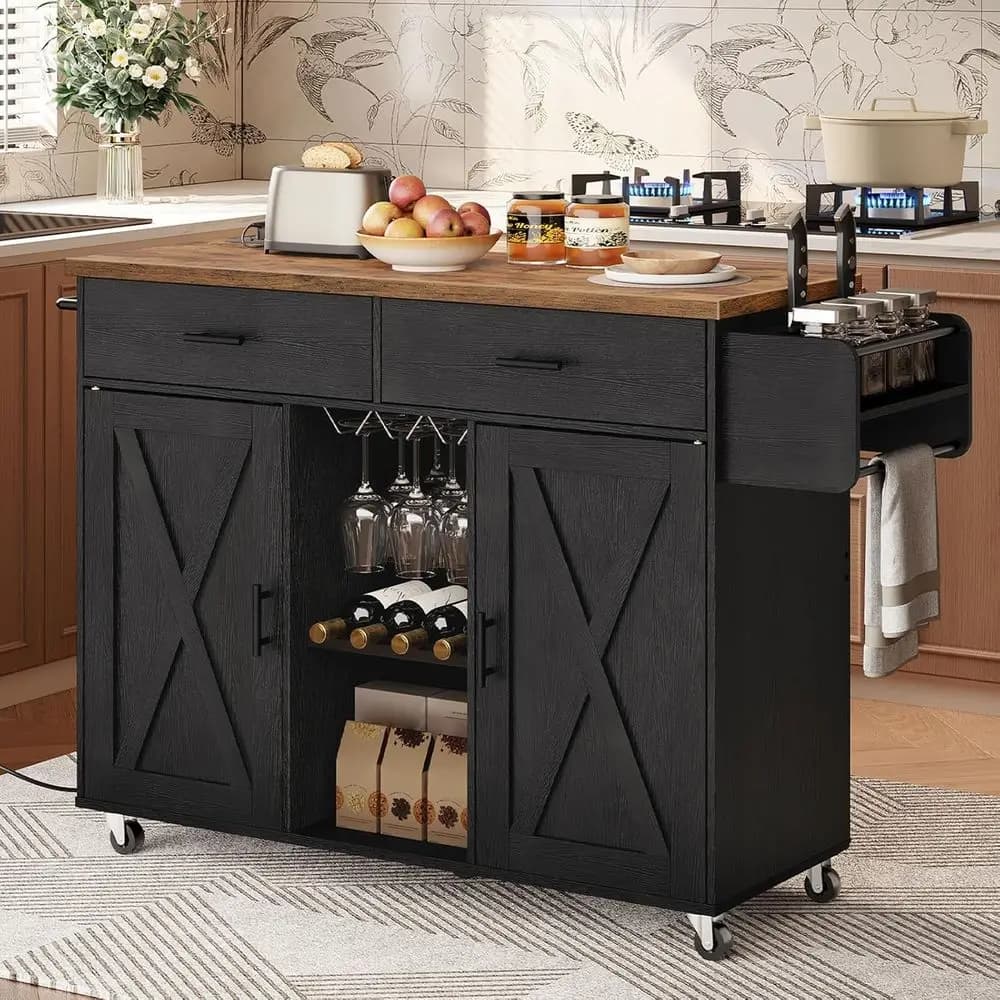Isola da Cucina Portatile con Ruote, Spazio di Stoccaggio, Presa di Corrente, Ripiani, Porta Spezie e Portasciugamani in Nero e Marrone Rustico