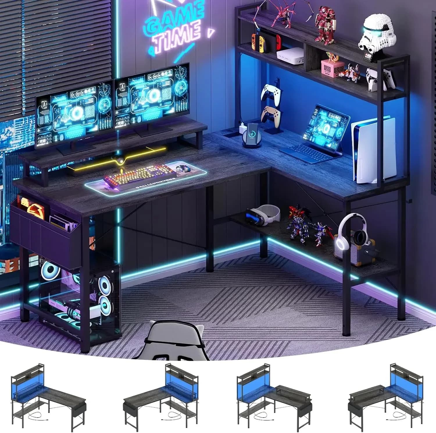 L Shaped Gaming Desk with Power Outlets & LED Lights, Small L- Shaped Desk Computer Corner Desk with Monitor Stand & Storage She
