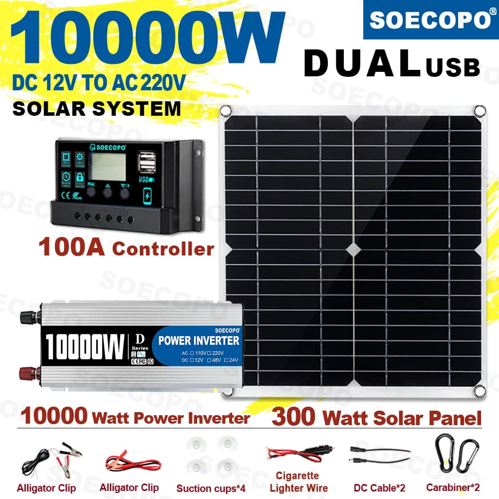 SOECOPO 10000W RV Camping Home Sistema solare di backup Set completo Doppio inverter USB 220V 300W Pannello solare 100A Controller CE FCC