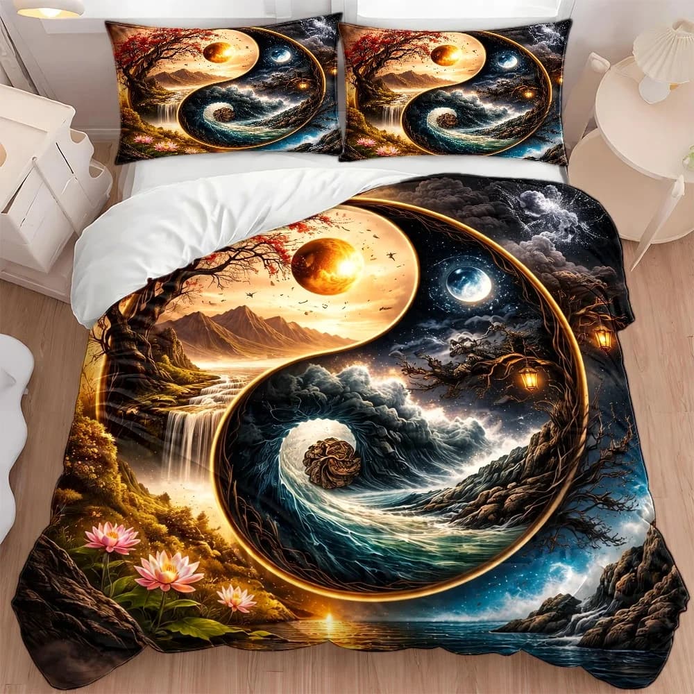 3Pc Tai Chi Yin-Yang Natural Landscape Duvet Cover Set, Three-Piece Bed Set (1 Duvet Cover + 2 Pillowcases), Suitable for All Seasons, Machine Washable, with Invisible Zipper, Large Double Bed Cover Set, Suitable for Home, Dormitory, Master Bedroom, Guest Room, Chinese Zen Landscape Floral Sea Wave Sun and Moon Bedding, Artistic Style Bedroom Decoration Bedding Set, Hot-Selling Creative Tai Chi Pattern Bedding Set, Durable and Skin-Friendly, Suitable for Home and Dormitory Use, Three-Piece Bed Set
