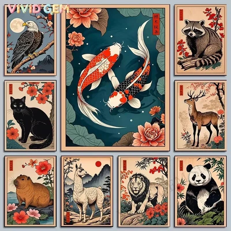 VIVID GEM 5D DIY Japanese Ukiyo-e Animal Diamond Painting, Koi and Panda Wall Art for Living Room Bedroom Home Decor