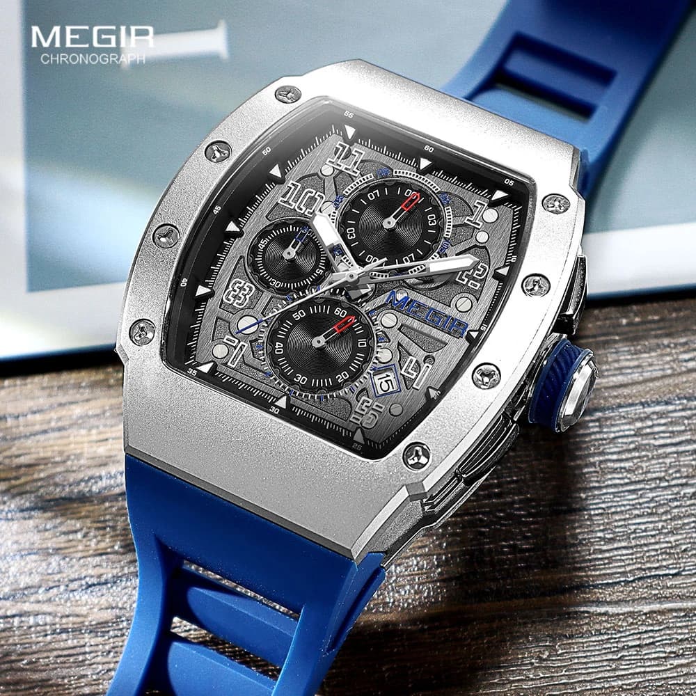 Orologio al quarzo con cronografo MEGIR per uomo orologio da polso al quarzo in acciaio inossidabile di lusso con lancette luminose cinturino in Silicone blu con data automatica