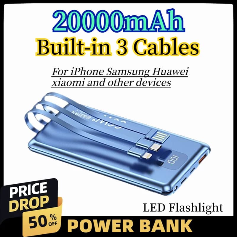 Slim 20000mAh Power Bank Built-in Dual Charging Cables Fast Charge Portable Universal External Powerbank For Smart Mobile Phones
