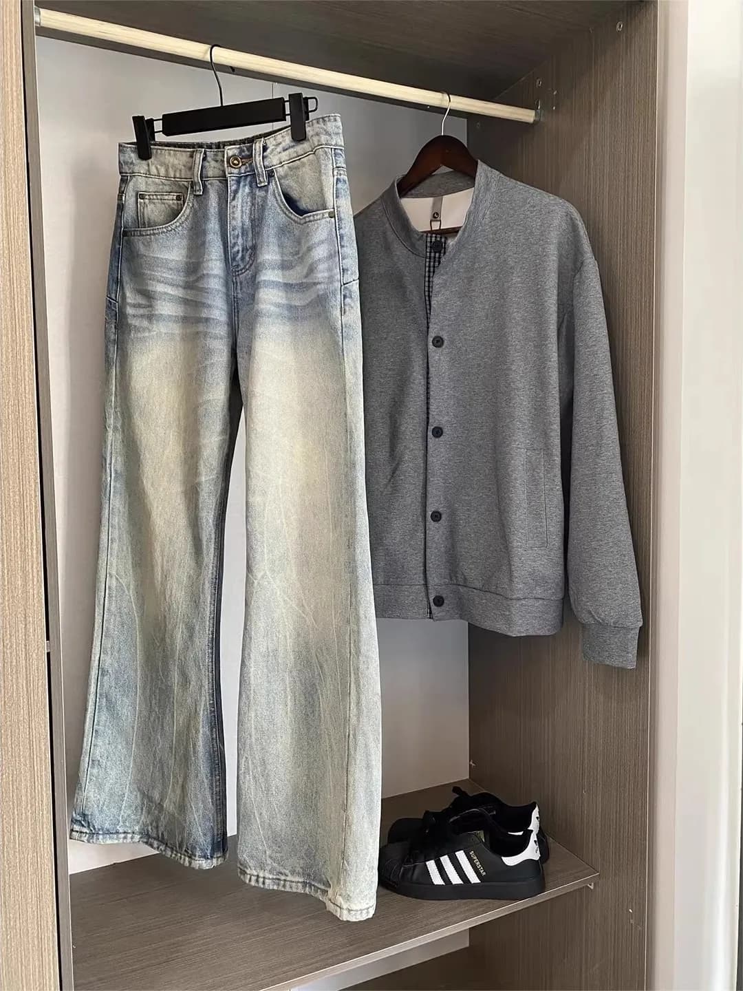 Blue Cleanfit Lightning Pattern Straight Leg Jeans Vintage American High Street Sle Teenage Casual Denim Pants
