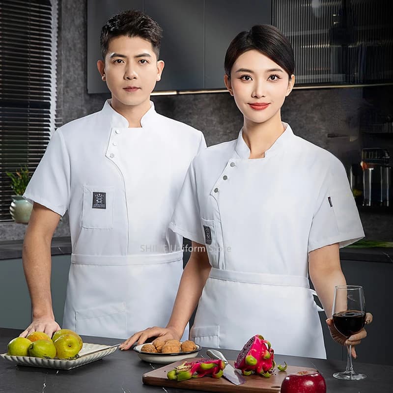Giacca da cuoco da uomo uniforme nera manica corta cappotto da cuoco grembiule abbigliamento da lavoro logo pantaloncini da cuoco estate traspirante ristorante cucina