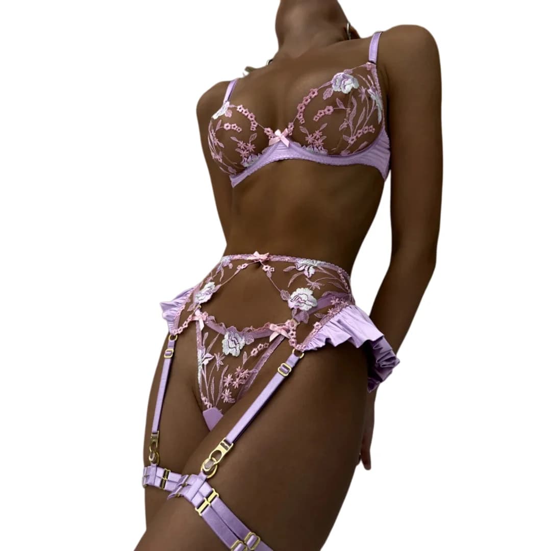 Lilac Floral Embroidered Lace 3Pcs Lingerie Set Sheer Bra Garter Belt Ruffled Waistband Thong Women's Sexy Intimate Underwear