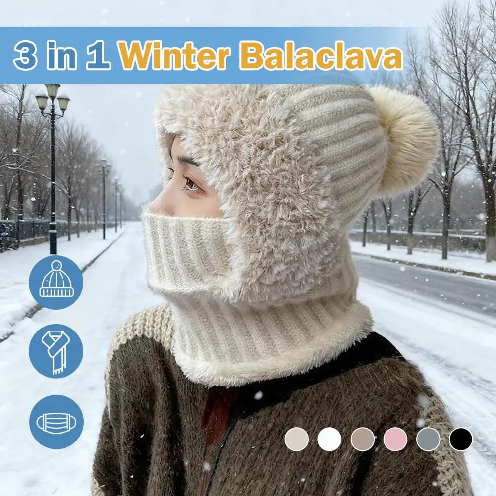 Thickened Knitted Hat Scarf Mask One-Piece, Winter Warm Hat for Women, Full Face Protection Windproof Balaclava Hoodie