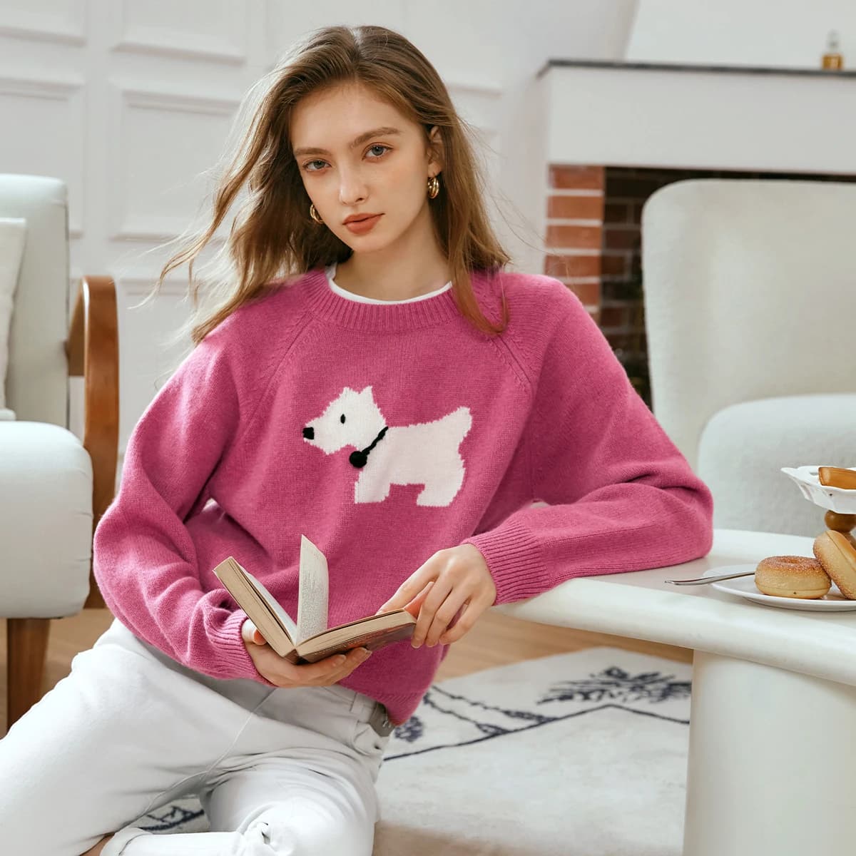 Maglioni Pullover Oriel French da Donna Autunno 2026, Maglia Ricamata Carina con Collo a O, Manica Lunga, Maglione Lavorato a Maglia da Donna O57QM93358