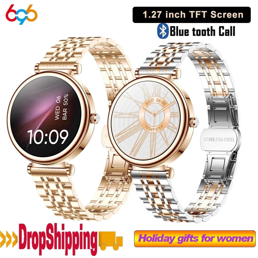 Donna Ragazza Moda 1.27 "Blue Tooth Call Smart Watch Sport Fitness Frequenza cardiaca Salute Lady Smartwatch Orologi musicali impermeabili