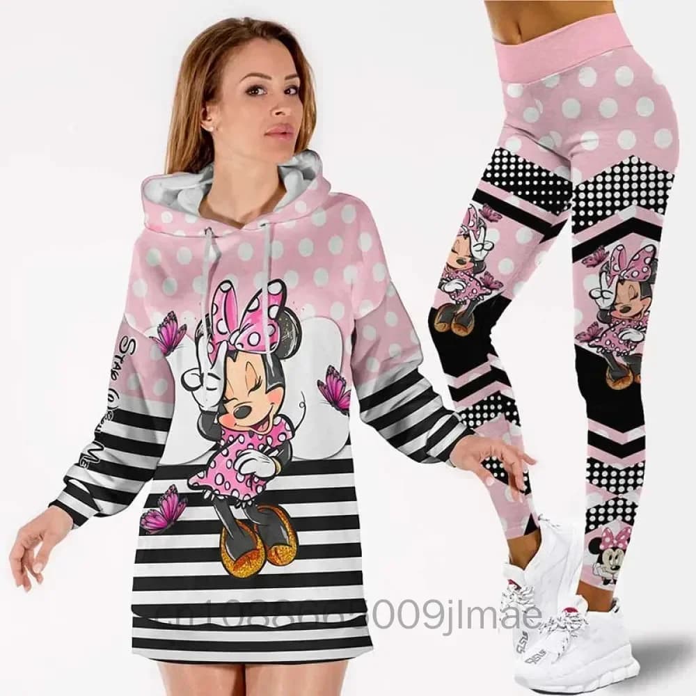 Minnie Mouse Custom 3D Cap and Leggings Set Women's Casual Yoga Pants Complete with Disney Hoodie Leggings Set of fashionable suits