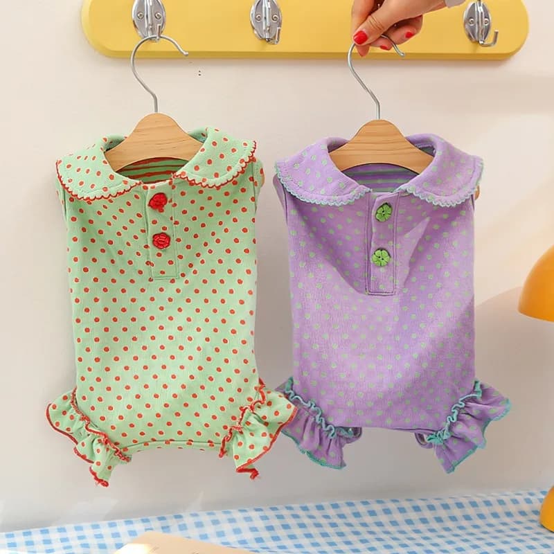 Cute Polka Dot Spring Cotton Pet Outfit with Doll Collar Four Legged Design Cats Small Dogs Like Teddy or Big Bear 2XL Size Cute
