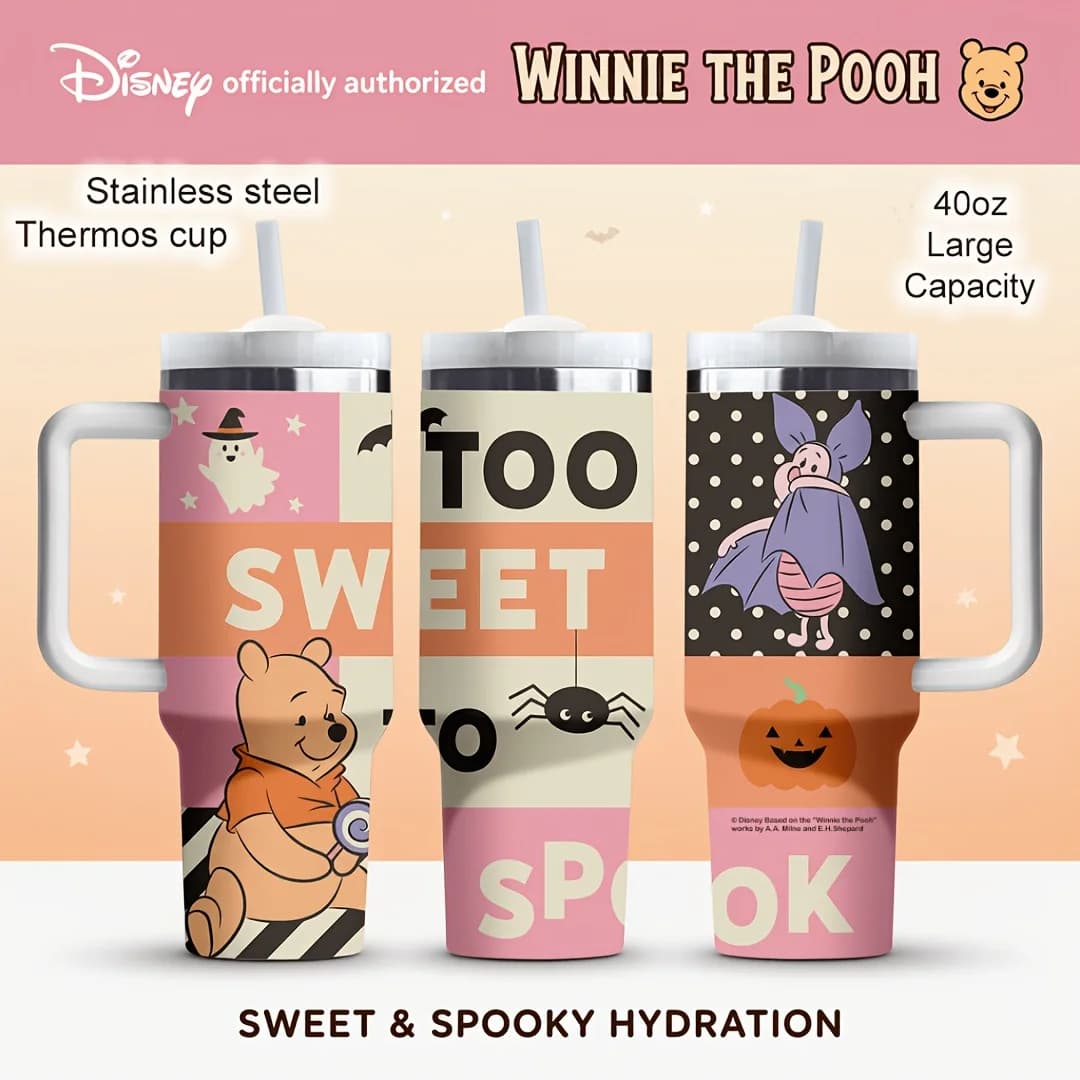 1pc 40oz Disney Pooh Piglet Halloween Stainless Steel Water Bottle Insulated Tumbler with Handle Straw for Car Camping Outdoor