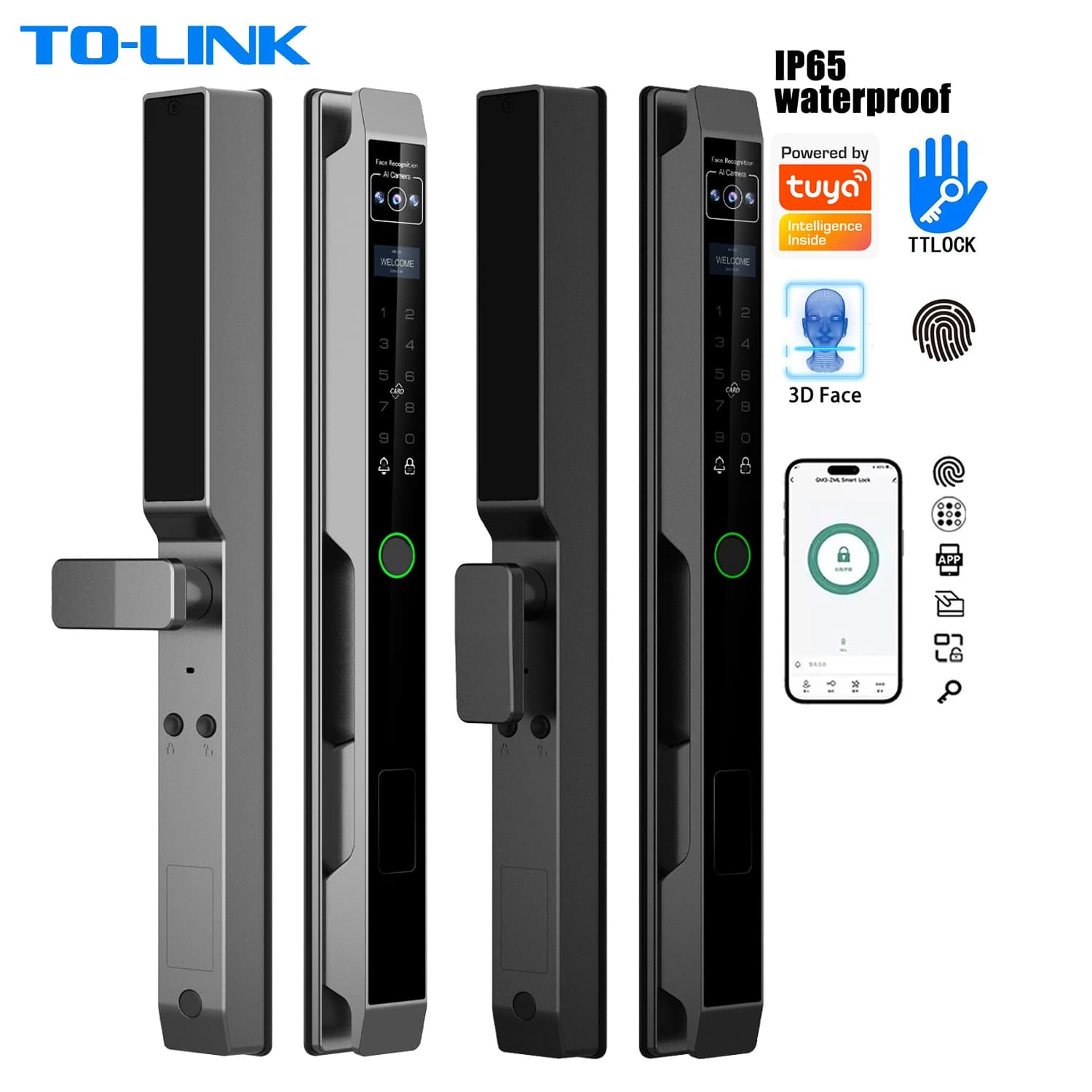 Key Card Digital Ip65 Waterproof Tuya Wifi TTlock 3d Face Recognition Fingerprint Electric Smart Lock for Aluminum Door