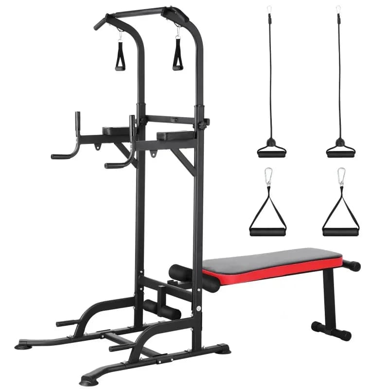Power Tower with Bench, Traction Bar, Dip Bar with Foldable Bench, 4 Strength Training Cords, Multifunction Fitness Equipment